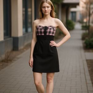 Vintage/Y2K Strapless Plaid/Black Dress by Taboo Size XL